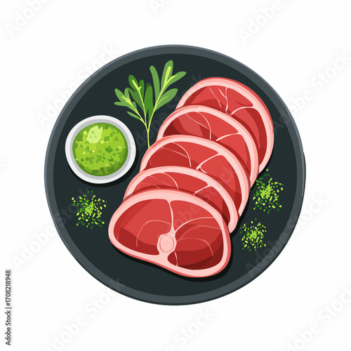 Zartes Wagyu-Steak, fein aufgeschnitten, serviert auf einem dunklen Teller