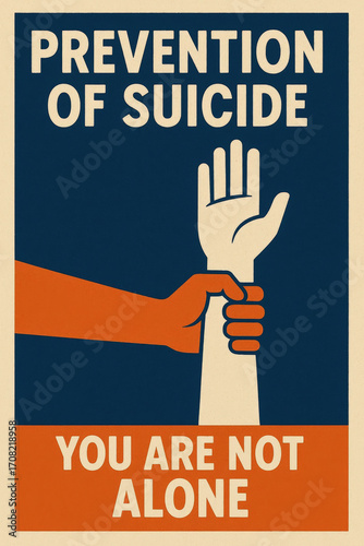 Flat illustration of hand holding another hand with text prevention of suicide and you are not alone. Concept of mental health awareness, support and suicide prevention
