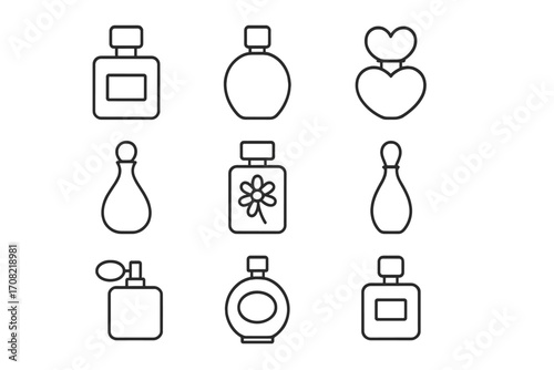 Perfume bottles line icon set. Simple outline collection of fragrance, scent and cologne containers. Editable stroke vector for cosmetics, beauty, web design and apps.