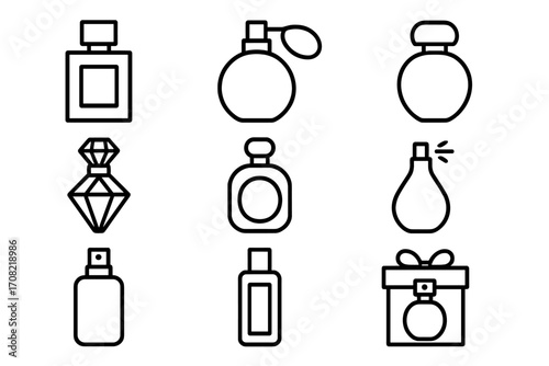 Perfume bottle outline icon set. Simple linear collection of fragrance and scent symbols. Editable stroke vector for cosmetics, beauty, and luxury gift concepts. Spray bottle.