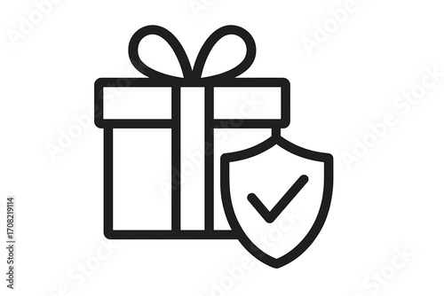 Gift protection icon. Secure present vector illustration. Safe shopping and purchase warranty concept. Guaranteed delivery symbol with shield and check mark for online store.