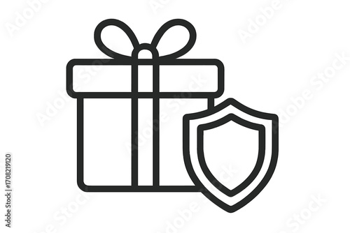Gift box with shield line icon. Concept for secure shopping, purchase protection, warranty, and safe delivery. Consumer rights guarantee symbol. Insurance for online orders.