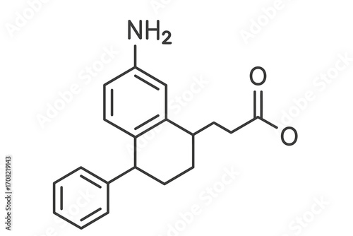 Skeletal chemical formula of a complex organic molecule. Vector line illustration of a pharmaceutical compound structure. For science, chemistry, and medical research concepts.