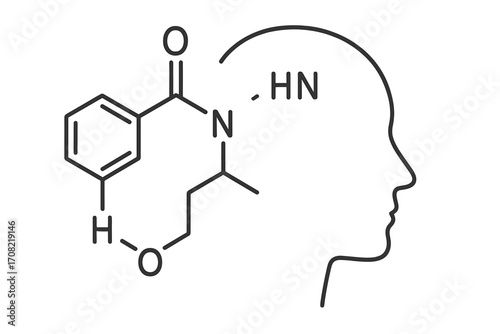 Chemical formula of a neurotransmitter or drug molecule in a human head silhouette. Concept for pharmacology, neuroscience, mental health, psychology, and brain chemistry.