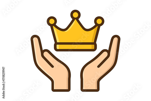 Hands holding crown icon. Premium quality, success, and achievement concept. Vector illustration for leadership, victory, and exclusive VIP service. Best choice, award, prize.