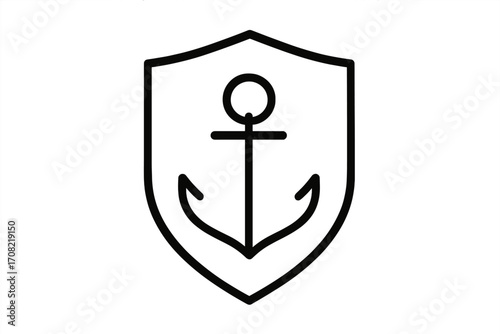 Anchor shield icon. Maritime security logo. Nautical safety emblem. Naval protection symbol. Marine defense pictogram. Vector line art for web, apps, and graphic design.