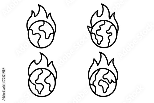 Planet on fire line icon set. Global warming, climate change catastrophe concept. Earth burning, hot globe, world environmental disaster symbol. Outline vector icons collection.