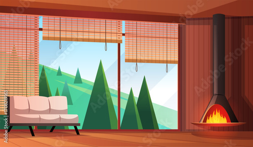 Interior curtains. Living room with floor to ceiling windows, wooden blinds, beautiful view, modern burning fireplace, nature landscape, cozy contemporary house, tidy vector concept