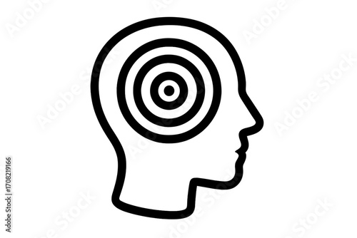 Human head with target icon for focus, concentration, goals. Metaphor for psychology, mindset, mental health, stress, headache. Business objective strategy and personal achievement.