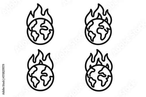 Planet on fire vector icon set. Global warming and climate change concept. Metaphor for ecological disaster, environmental crisis, and world catastrophe. Earth burning icon.