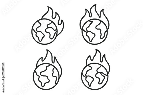 Global warming, climate change icon set. Planet earth on fire, world burning. Environmental disaster, ecology crisis warning symbol. Outline vector illustration for web design.