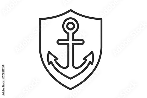 Anchor shield icon. Nautical marine safety symbol. Maritime security logo concept. Sea, boat, navy, and harbor sign. Line art pictogram for web, apps, and banners.