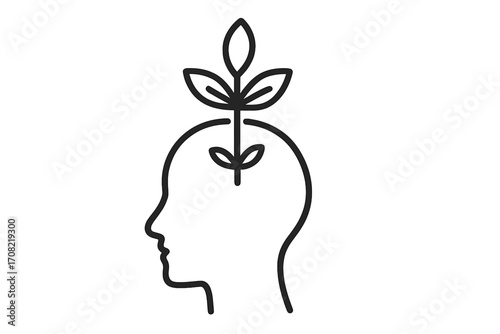 Growth mindset and mental health metaphor. Plant sprout in head symbolizes new ideas, creativity, self-care, personal development, and psychology. Linear vector icon.