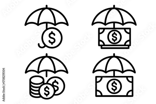 Money protection icon set. Financial insurance, investment safety, and savings security concept. Dollar under umbrella line art symbols for finance, banking, and wealth care.