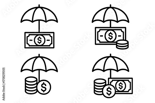 Money insurance and financial protection line icon set. Money under umbrella concept for savings, investment security, and wealth management. Vector outline graphic signs for apps.