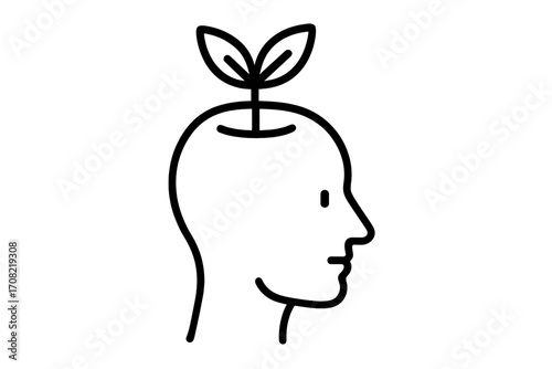 Growth mindset, mental health concept. Plant sprout in head. Personal development, creative idea, psychology icon. Eco-friendly, green thinking, fresh start metaphor.