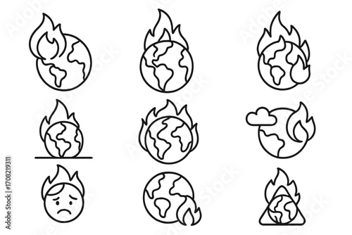 Planet on fire line icon collection. Global warming, climate change concept. Earth burning outline icons for graphic design, web, apps. Vector illustration of environmental disaster.