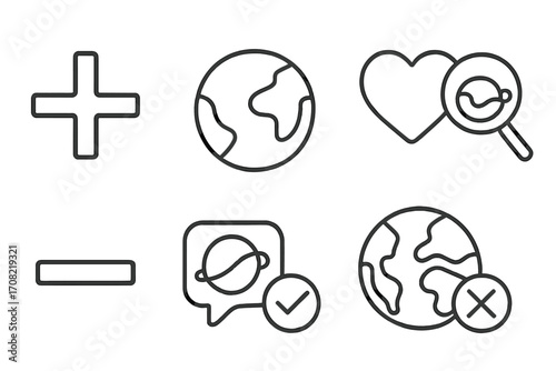 Vector line icon set with universal symbols. Outline pictograms for web and app UI design. Plus, minus, globe, search, heart, coffee, checkmark, and cross elements.