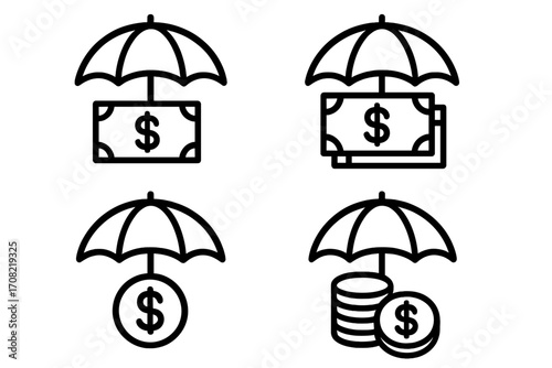 Money protection insurance icon set. Financial security and safety concept. Line art symbols of cash, coins, and bills under an umbrella. Investment and savings coverage vector.