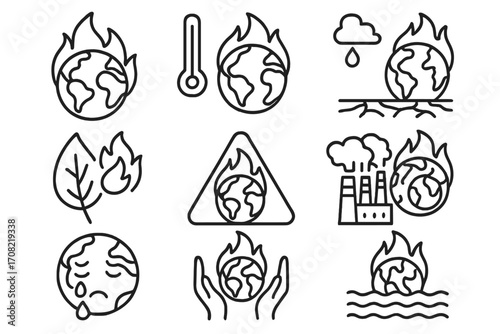 Climate change and global warming icon set. Planet on fire, pollution, drought, and ecology crisis line icons. Environmental disaster, temperature, warning sign vector symbols.