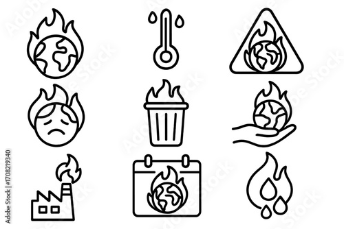 Global warming icon set. Climate change disaster line icons. Planet earth on fire, pollution, high temperature, CO2 emissions. Ecology crisis outline vector symbols collection.
