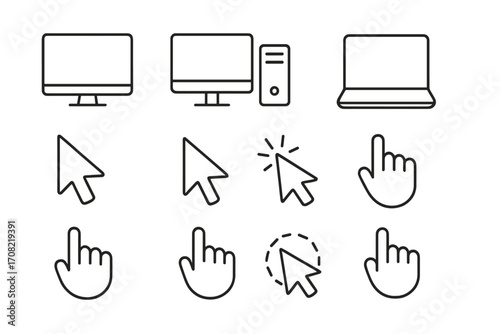 Computer and cursor line icons. Vector set of PC, monitor, laptop, arrow and hand pointers. Click, press, select signs for graphic and web design, UI, UX elements. Editable.