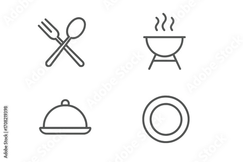 Cooking and food line icon set. Simple vector icons for restaurant menu, app, or website. Includes utensil, barbecue grill, serving cloche dish, and plate. Minimalist design.
