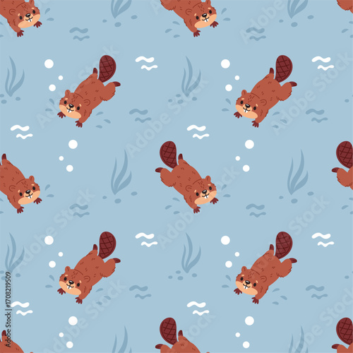 Cute floating beavers seamless pattern. Funny cartoon wild animals, water brown rodents, builders of natural dams. Textile, wrapping paper, wallpaper. Print for fabric garish vector background