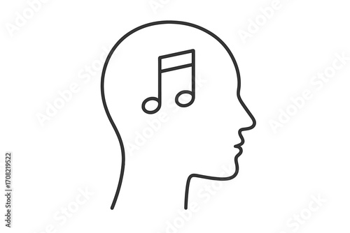 Music in head icon. Song on the mind concept. Person thinking about melody or audio. Human head silhouette with musical note inside. Psychology, creativity and inspiration metaphor.