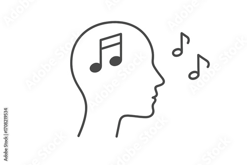 Music in the head concept. Thin line vector of a human profile with musical notes. Metaphor for earworm, thinking about a song, melody, audio, sound, inspiration, creativity.