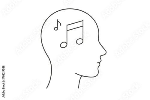 Music in head concept vector. Human mind with song notes. Metaphor for thinking about melody, sound, and audio. Psychology, creativity and musical inspiration line icon.