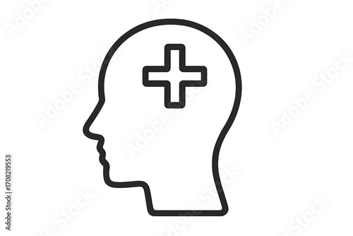 Mental health and positive thinking concept. Head silhouette with a plus sign for medical care and psychology. Healthy mindset and well-being vector line icon illustration.