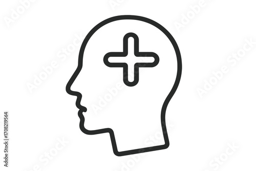Mental health and positive mindset line icon. Human head profile with plus symbol. Concept for psychology, well-being, personal growth, creativity, and adding new ideas. Vector.