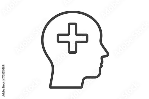 Mental health positive thinking concept. Head silhouette with plus sign. Medical cross for psychology, therapy, and healthcare support. Line icon for web and graphic design.