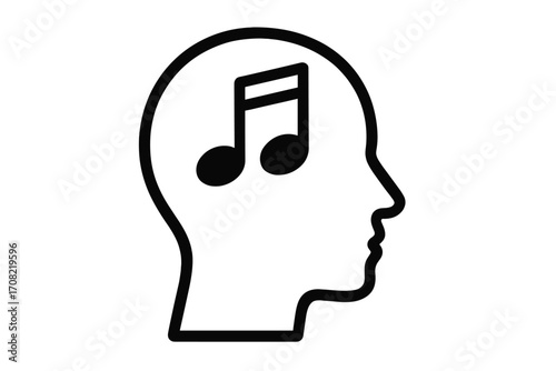 Music in head line icon. Sound on the mind concept. Human head profile with musical note. Metaphor for creativity, inspiration, passion for music, audio, song, melody, composer.