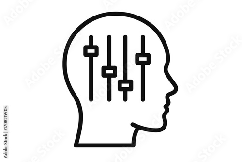 Head with equalizer sliders icon. Concept of mental health, mood regulation, and self-control. Psychology and mindset adjustment symbol. Personal settings and balance vector.