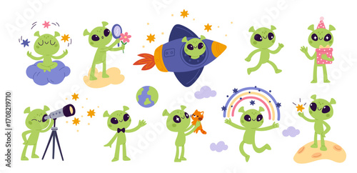 Cartoon green aliens characters. Funny little humanoids, different poses and actions, kids cute smiling mascot, ufo people, fictional monster creatures stickers, garish vector isolated set