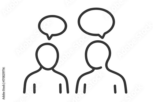 Two faceless people talking icon. Communication, dialogue, discussion concept. Speech bubble pictogram. Minimal vector for web. Social interaction, teamwork, meeting symbol.