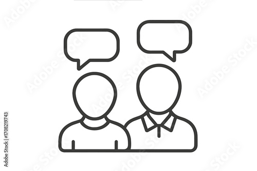 Two people talking line icon. Communication, dialogue, discussion. Vector of faceless persons with speech bubbles. Business team chat, user feedback, interview, consultation.