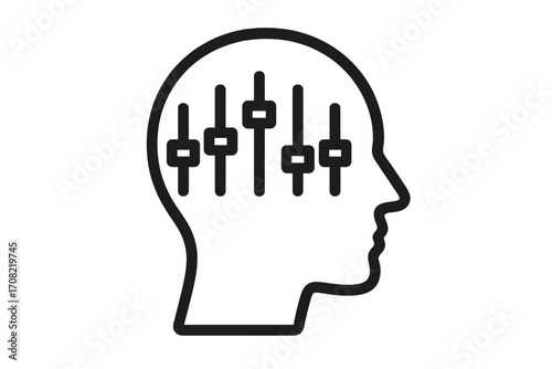 Concept of mindset control and mental health. Head silhouette with equalizer sliders. Personality adjustment, psychology, mood regulation. Self-control and therapy icon.