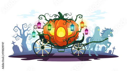 Halloween Carriage: A fantastical and whimsical illustration of a pumpkin carriage and its ghostly horse. This scene evokes the spooky charm of Halloween.