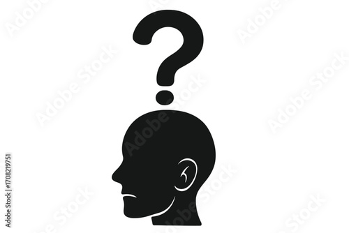 Question mark in human head silhouette. Vector icon concept for confusion, doubt, problem solving, and questions. Metaphor for psychology, thinking, mental health, FAQ, and support.