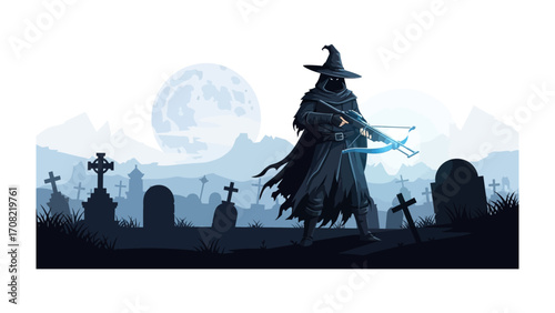 Graveyard Hunter: A mysterious figure with a weapon in a desolate graveyard under the cold gaze of the moon, an evocative illustration perfect for Halloween themes.