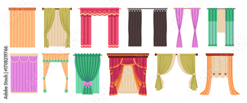 Cartoon curtains. Different colors and shapes interior wavy curtains, textile room decoration, windows drapery, blackout blinds, minimal isolated hanging elegant fabric, tidy vector set