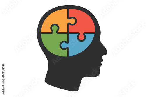 Psychology and mental health concept. Head silhouette with colorful jigsaw puzzle pieces. Symbol for autism, dementia, problem solving, logical thinking, and memory loss.