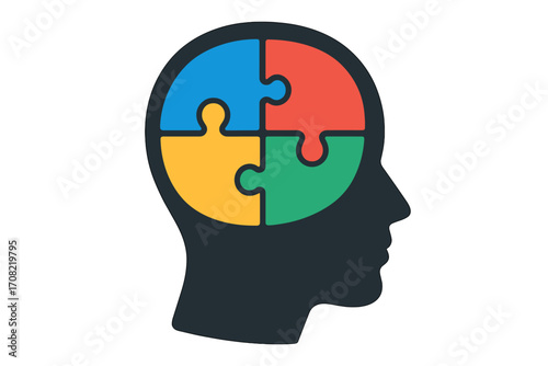 Puzzle head vector for psychology, mental health, autism concepts. Jigsaw brain for problem solving, logic, memory, and solution ideas. Teamwork and strategy metaphor.