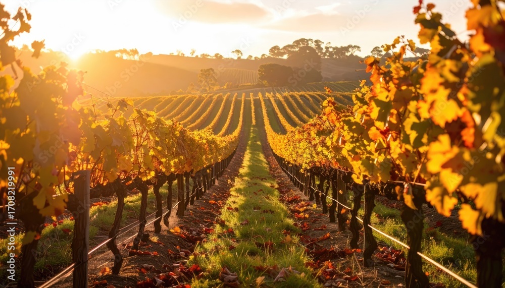 Fototapeta premium Vineyard Rows at Sunset with Golden Light and Autumn Foliage in Rural Landscape