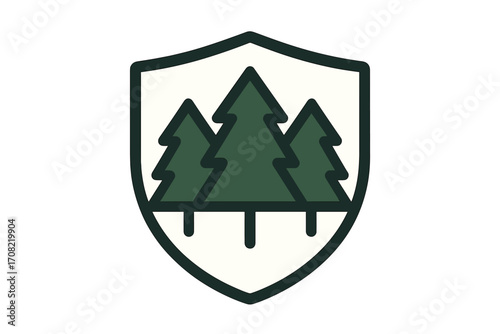 Forest shield logo. Pine tree crest emblem. Nature protection security icon. Minimal vector for web design, apps, brand identity. National park or ecology concept.