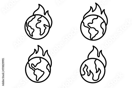 Global warming line icon set. Planet earth on fire, climate change concept. Ecology disaster, environment on fire symbol. World catastrophe and pollution vector illustration.