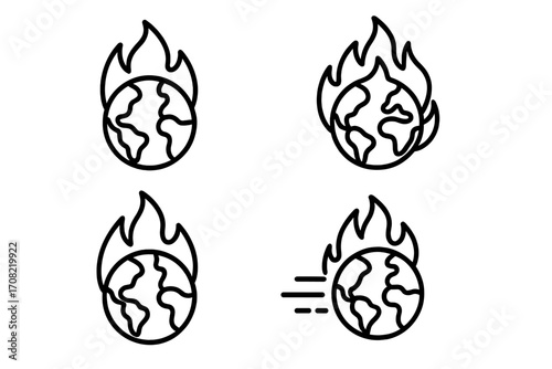 Global warming climate change icon set. Planet Earth on fire outline signs. Vector illustration for web design, apps. World burning, environmental disaster concept symbol.